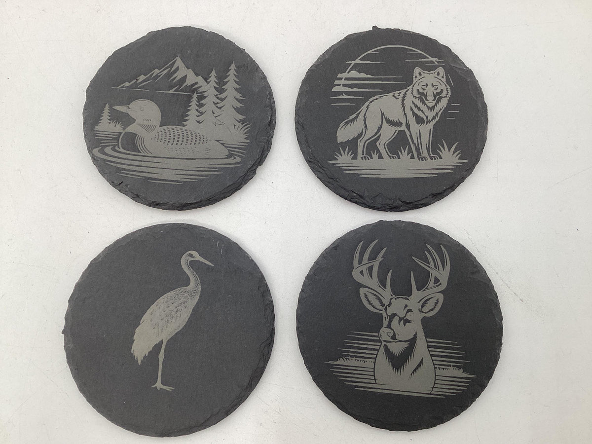 Etched Slate Coaster Set: Wild Life Animal Designs, 4-Piece