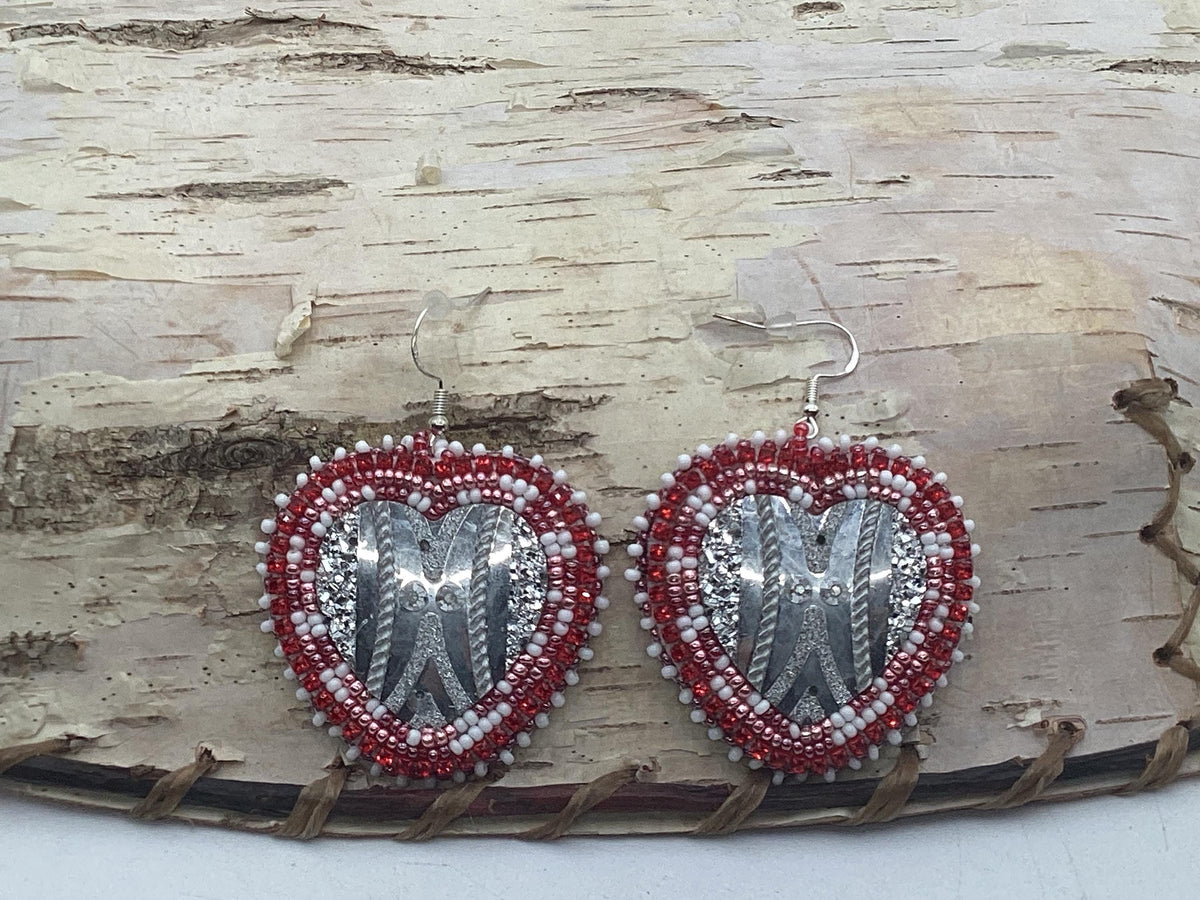 Glamorous Red Hand Beaded Heart Earrings - Anishinaabe/Ojibwe Beadwork