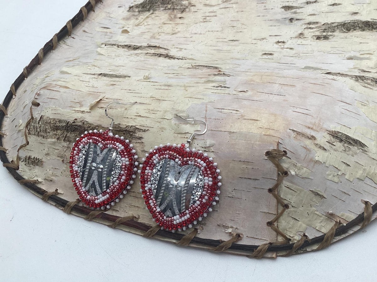 Glamorous Red Hand Beaded Heart Earrings - Anishinaabe/Ojibwe Beadwork