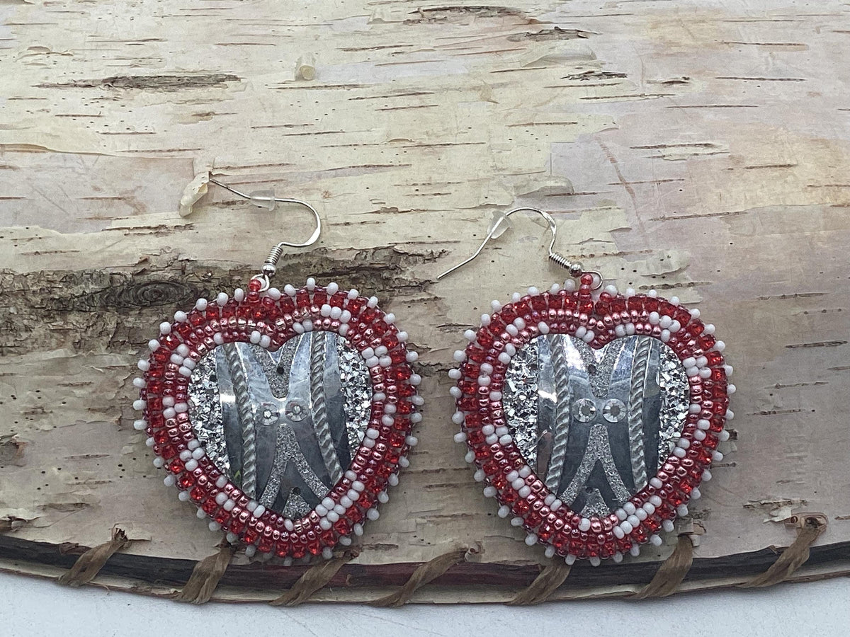 Glamorous Red Hand Beaded Heart Earrings - Anishinaabe/Ojibwe Beadwork