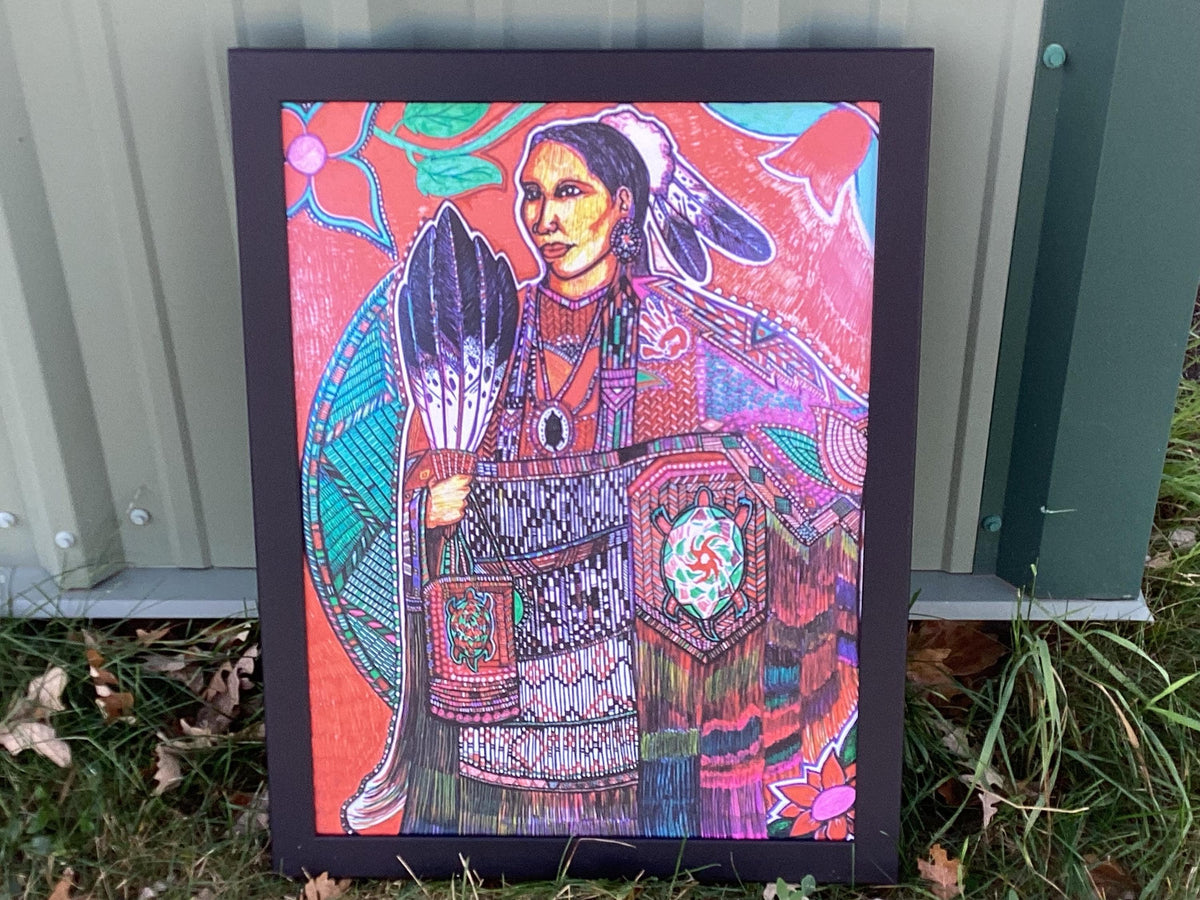 Ojibwe Woman in Regalia Framed Canvas Print by David Edwards (20 3/4 x 27)
