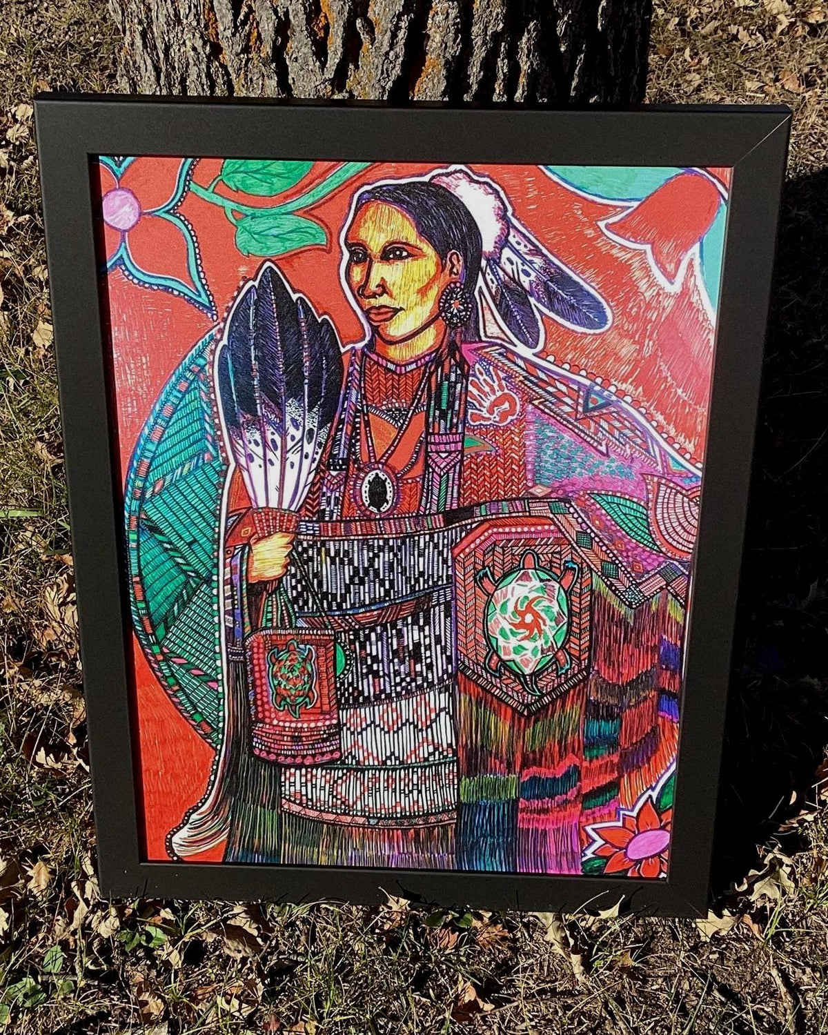 Ojibwe Woman in Regalia Framed Canvas Print by David Edwards (20 3/4 x 27)