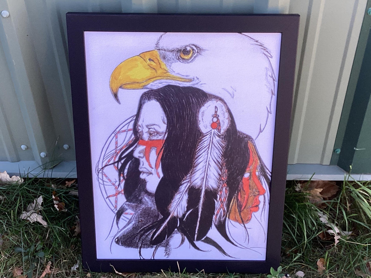 Ojibwe Woman with Migizi- Framed Canvas Print by David Edwards (20 3/4 x 27)
