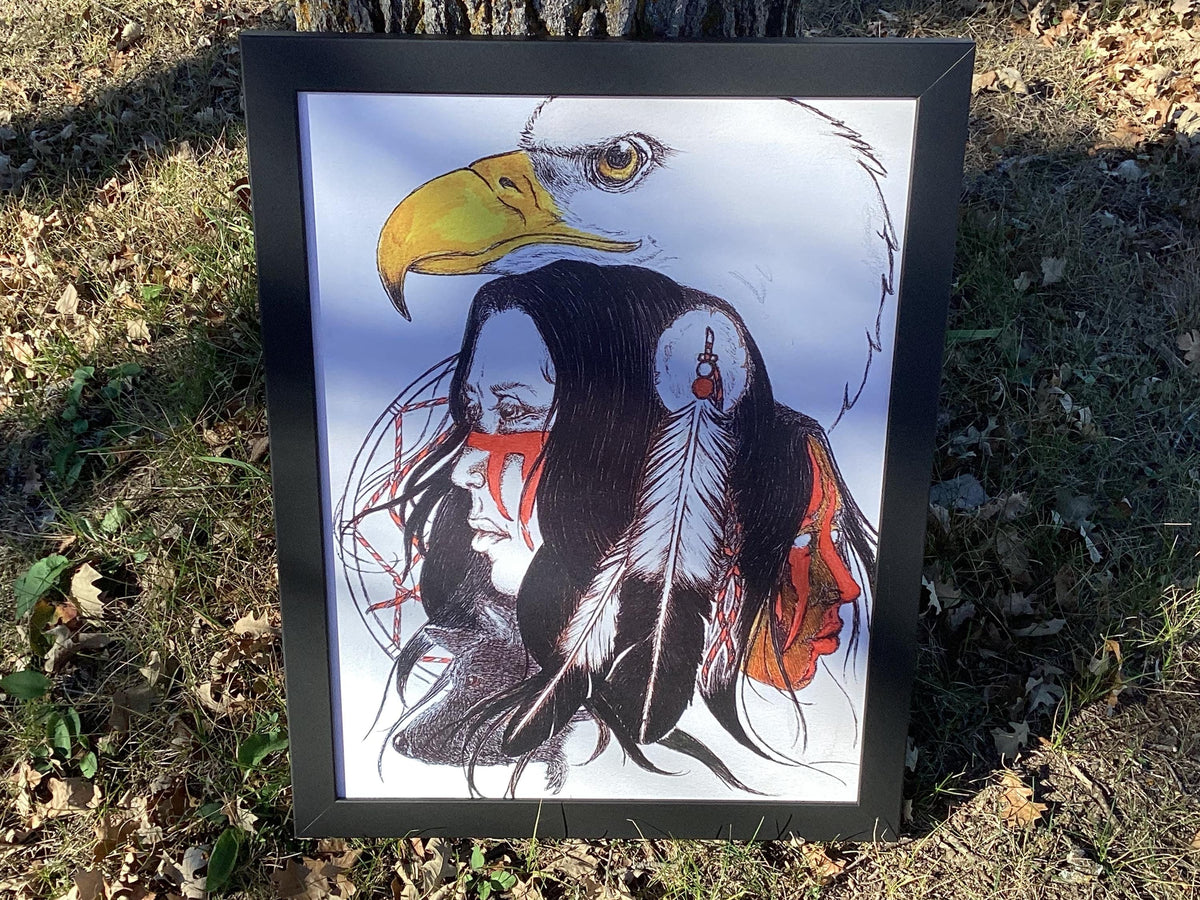 Ojibwe Woman with Migizi- Framed Canvas Print by David Edwards (20 3/4 x 27)