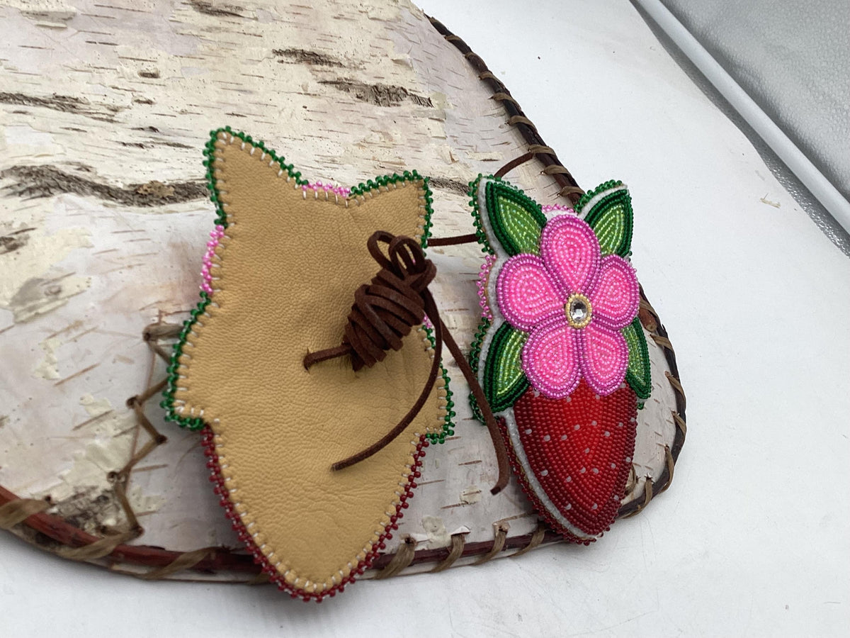 Hand Beaded Ojibwe Pink Petal Berries Braid Ties - Anishinaabe/Ojibwe Made - Free Shipping