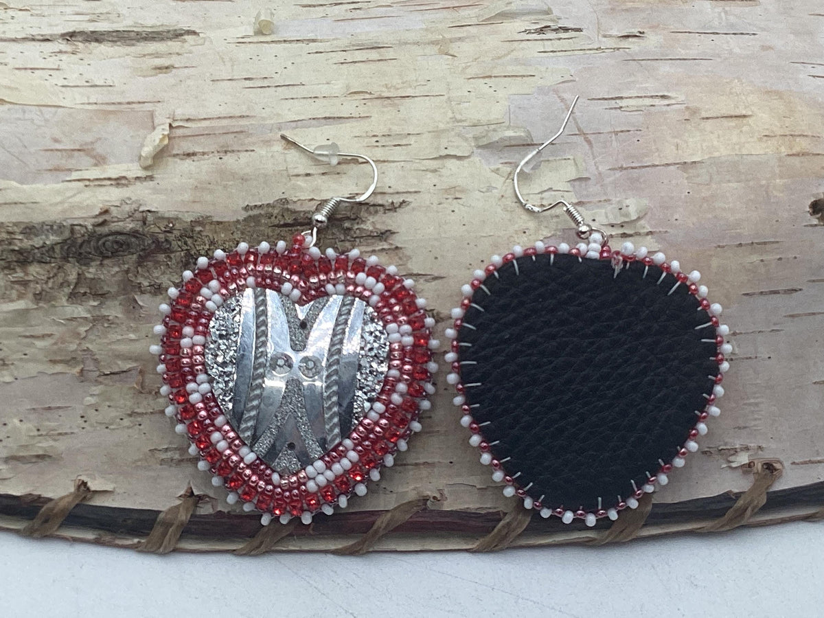 Glamorous Red Hand Beaded Heart Earrings - Anishinaabe/Ojibwe Beadwork