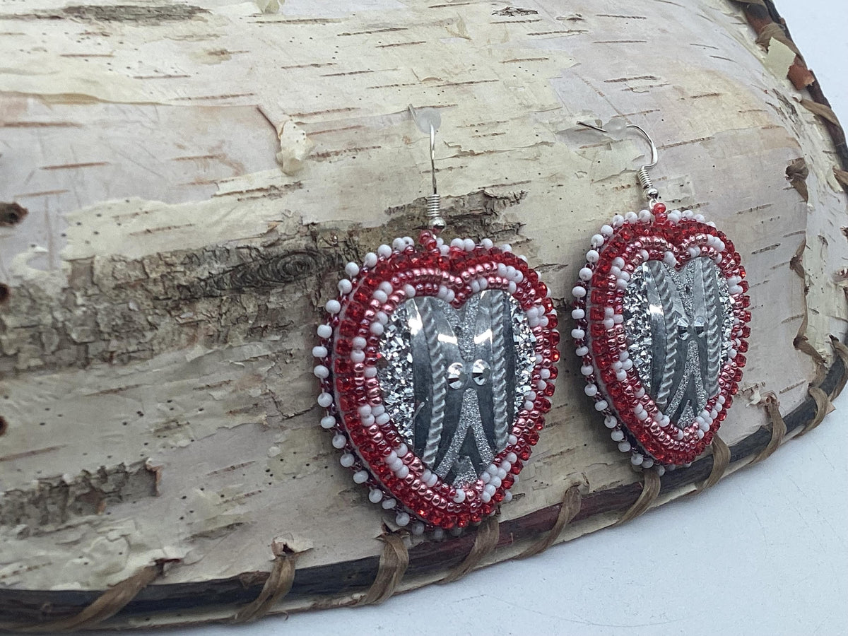 Glamorous Red Hand Beaded Heart Earrings - Anishinaabe/Ojibwe Beadwork