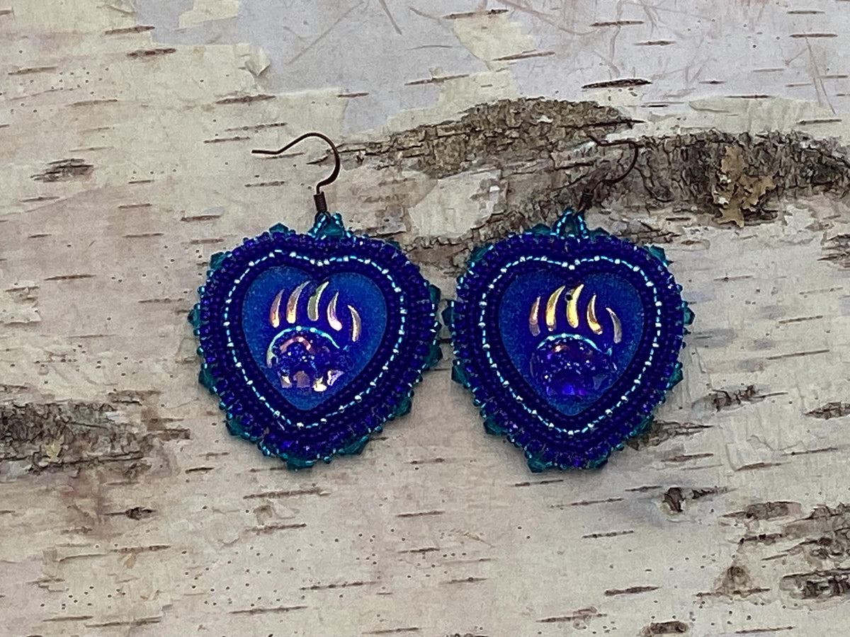Blasting Blue Hand Beaded Heart Earrings - Anishinaabe/Ojibwe Beadwork