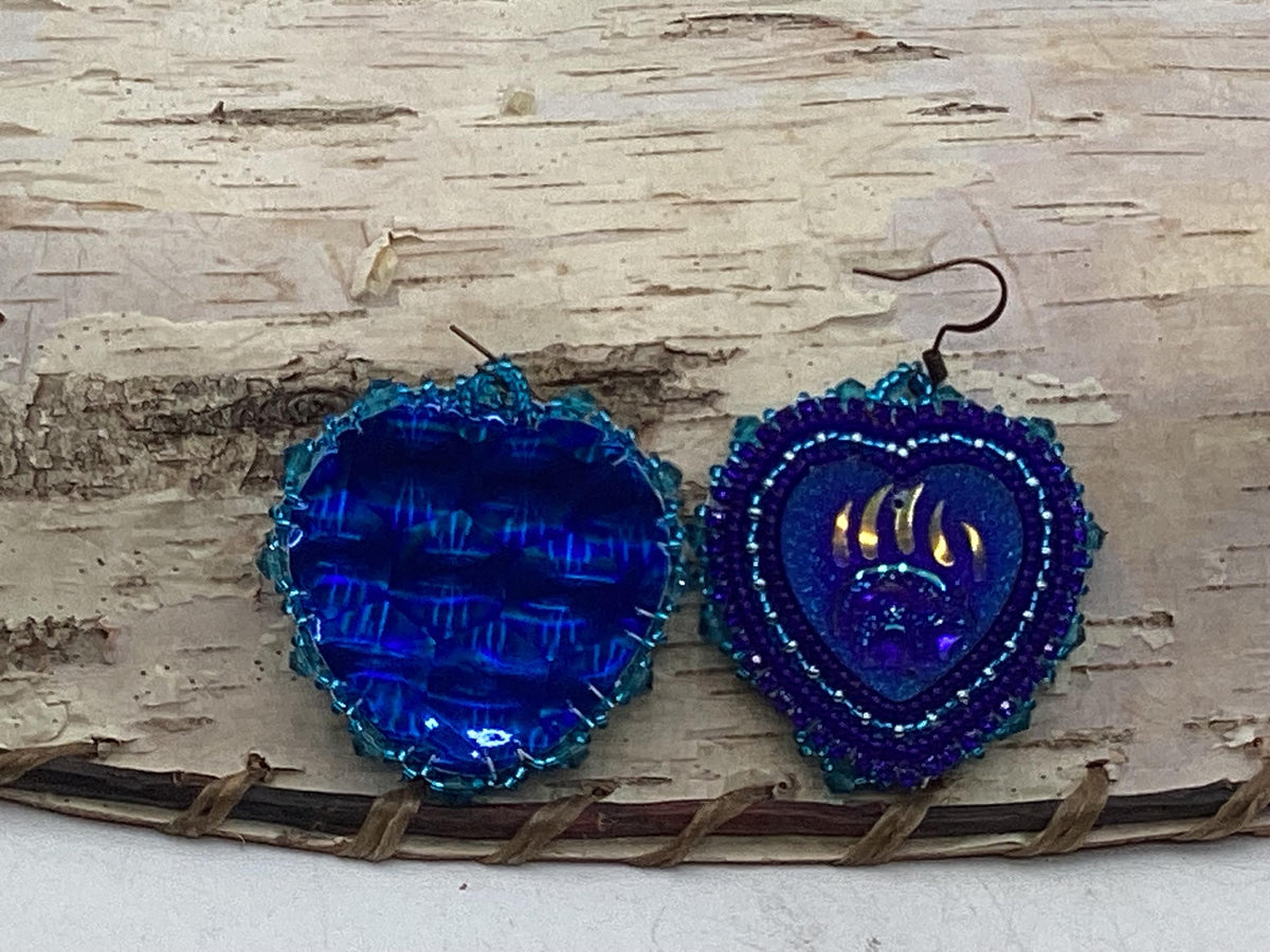 Blasting Blue Hand Beaded Heart Earrings - Anishinaabe/Ojibwe Beadwork