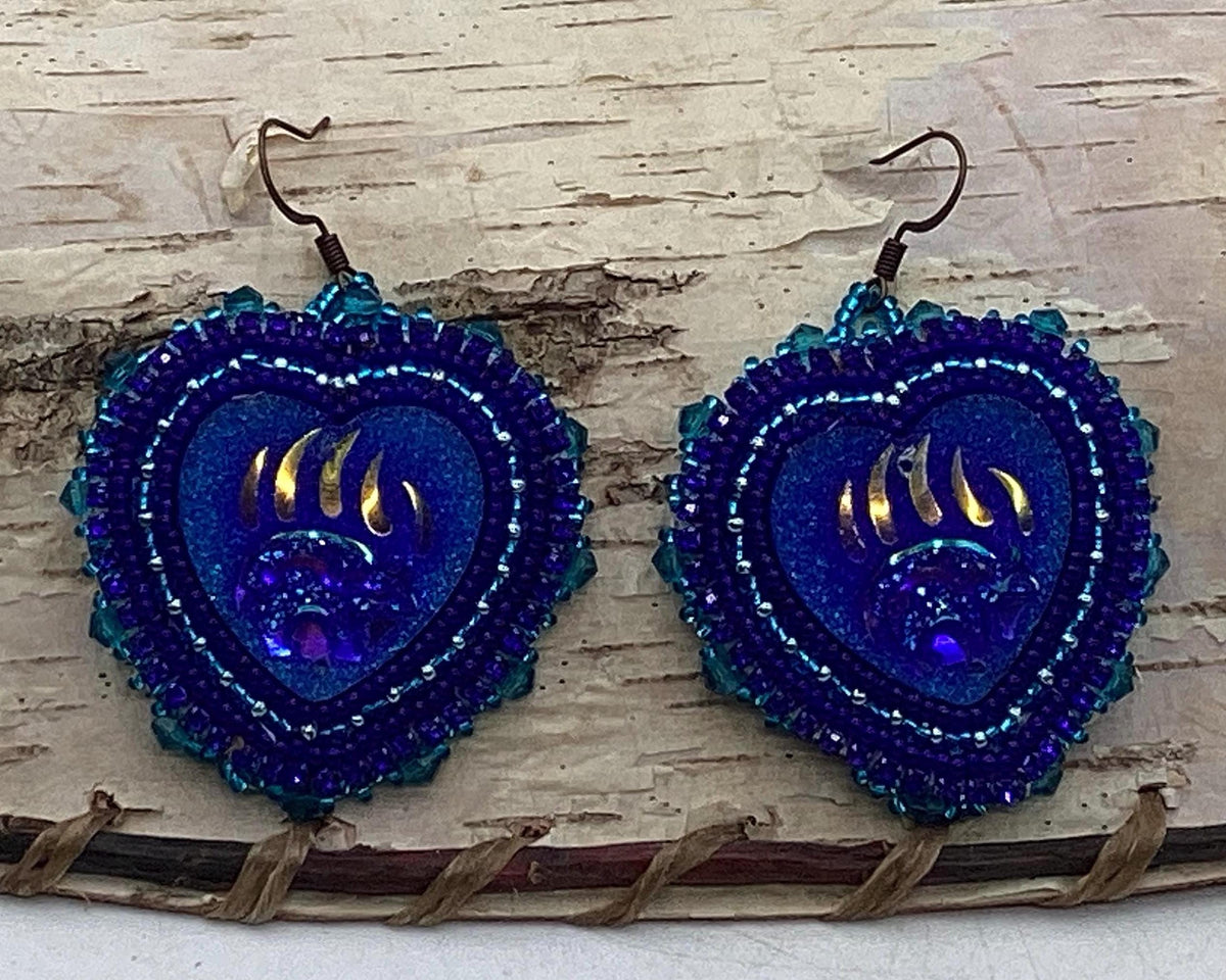 Blasting Blue Hand Beaded Heart Earrings - Anishinaabe/Ojibwe Beadwork