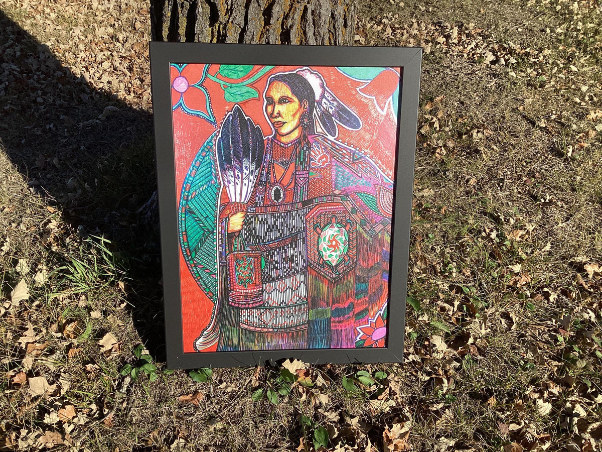 Ojibwe Woman in Regalia Framed Canvas Print by David Edwards (20 3/4 x 27)
