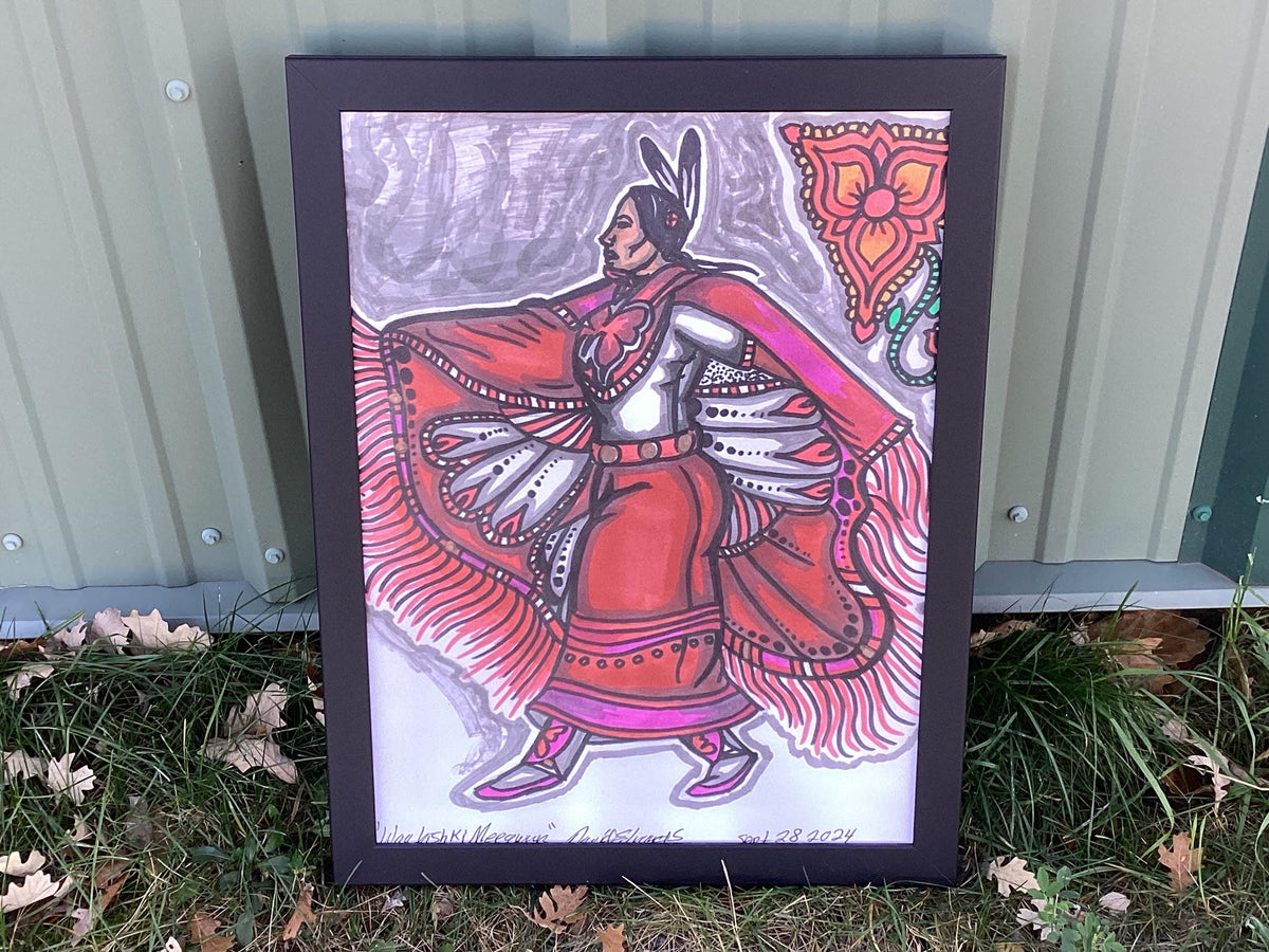 Ojibwe Woman in Fancy Shawl Regalia Framed Canvas Print by David Edwards (20 3/4 x 27)