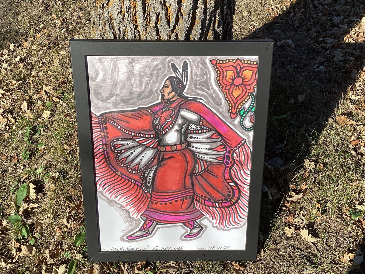 Ojibwe Woman in Fancy Shawl Regalia Framed Canvas Print by David Edwards (20 3/4 x 27)