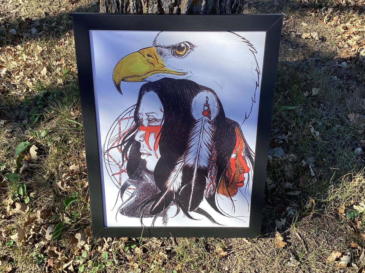 Ojibwe Woman with Migizi- Framed Canvas Print by David Edwards (20 3/4 x 27)