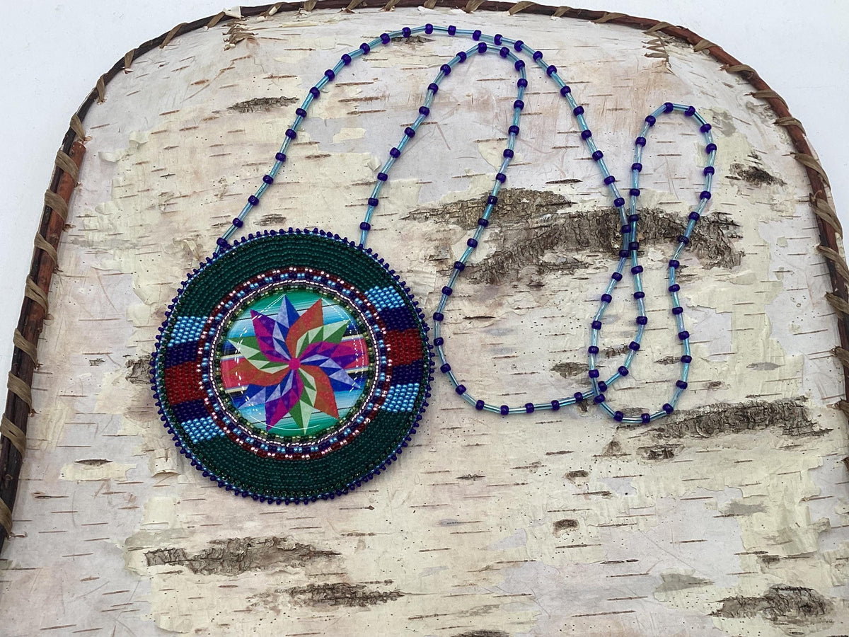 Colorful Pinwheel Star Hand Beaded Necklace: Anishinaabe Artisan Jewelry