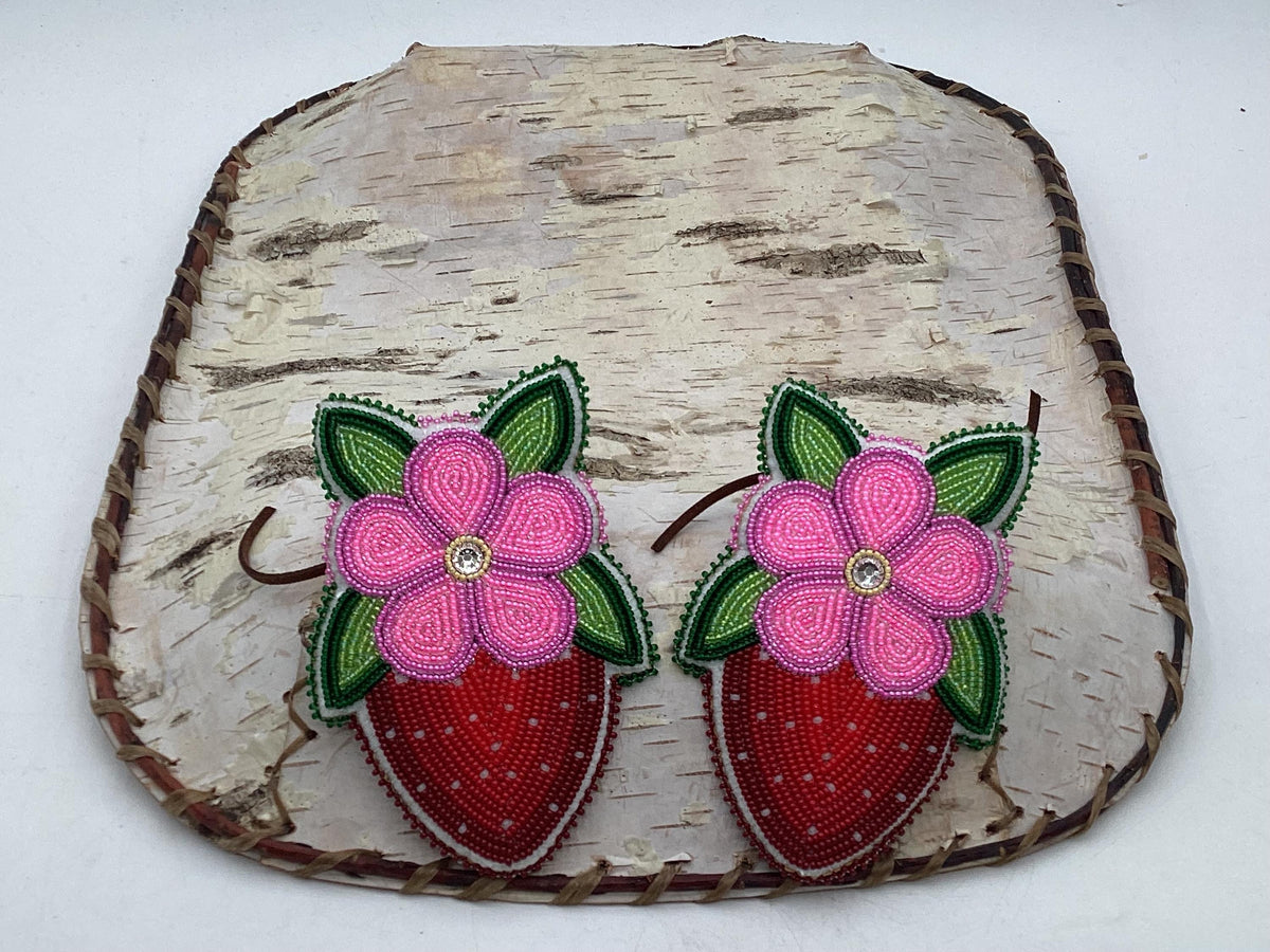 Hand Beaded Ojibwe Pink Petal Berries Braid Ties - Anishinaabe/Ojibwe Made - Free Shipping