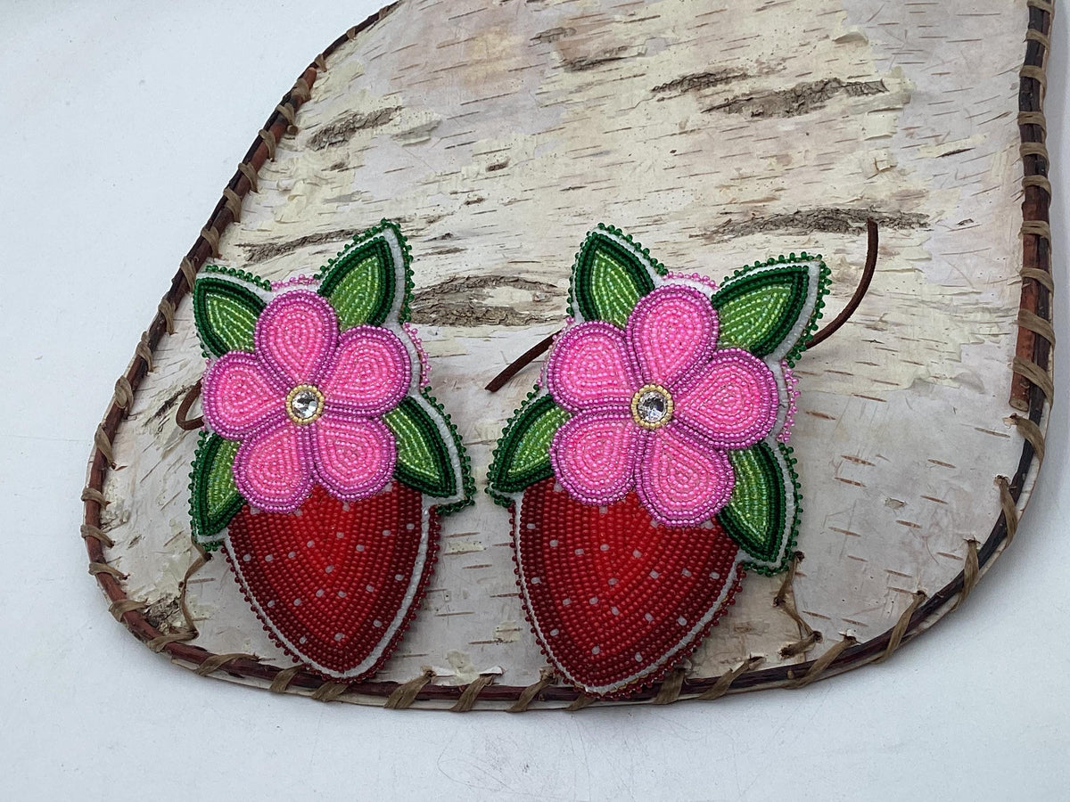 Hand Beaded Ojibwe Pink Petal Berries Braid Ties - Anishinaabe/Ojibwe Made - Free Shipping