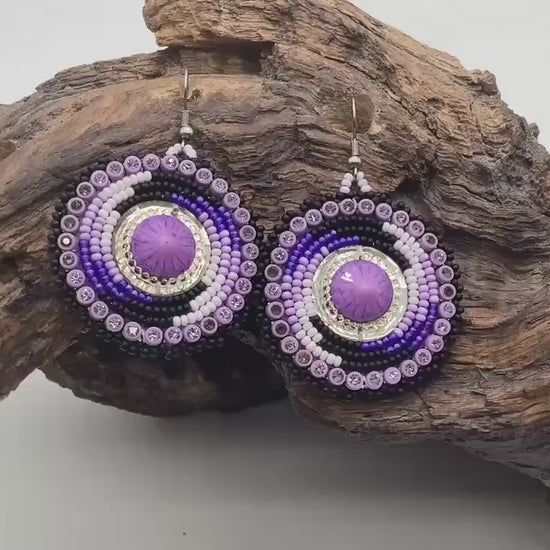 Purple Hand Beaded Earrings: Anishinaabe/Ojibwe Beadwork