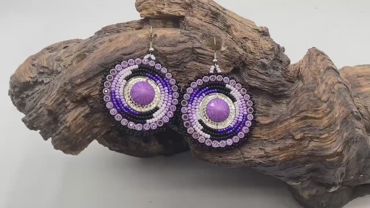Purple Hand Beaded Earrings: Anishinaabe/Ojibwe Beadwork