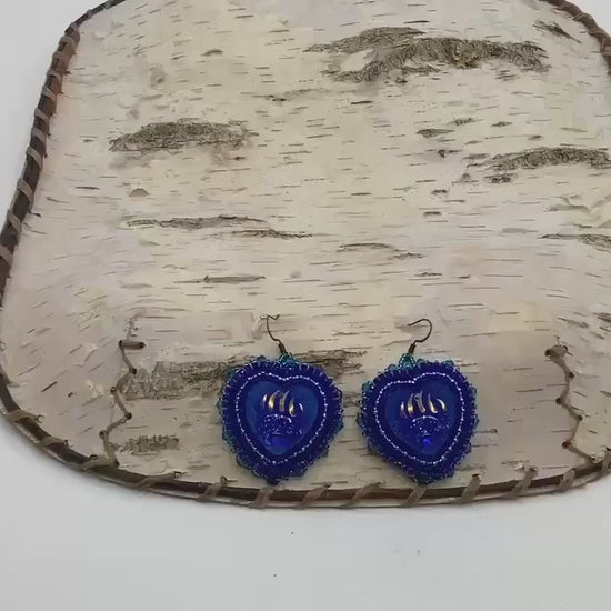Blasting Blue Hand Beaded Heart Earrings - Anishinaabe/Ojibwe Beadwork