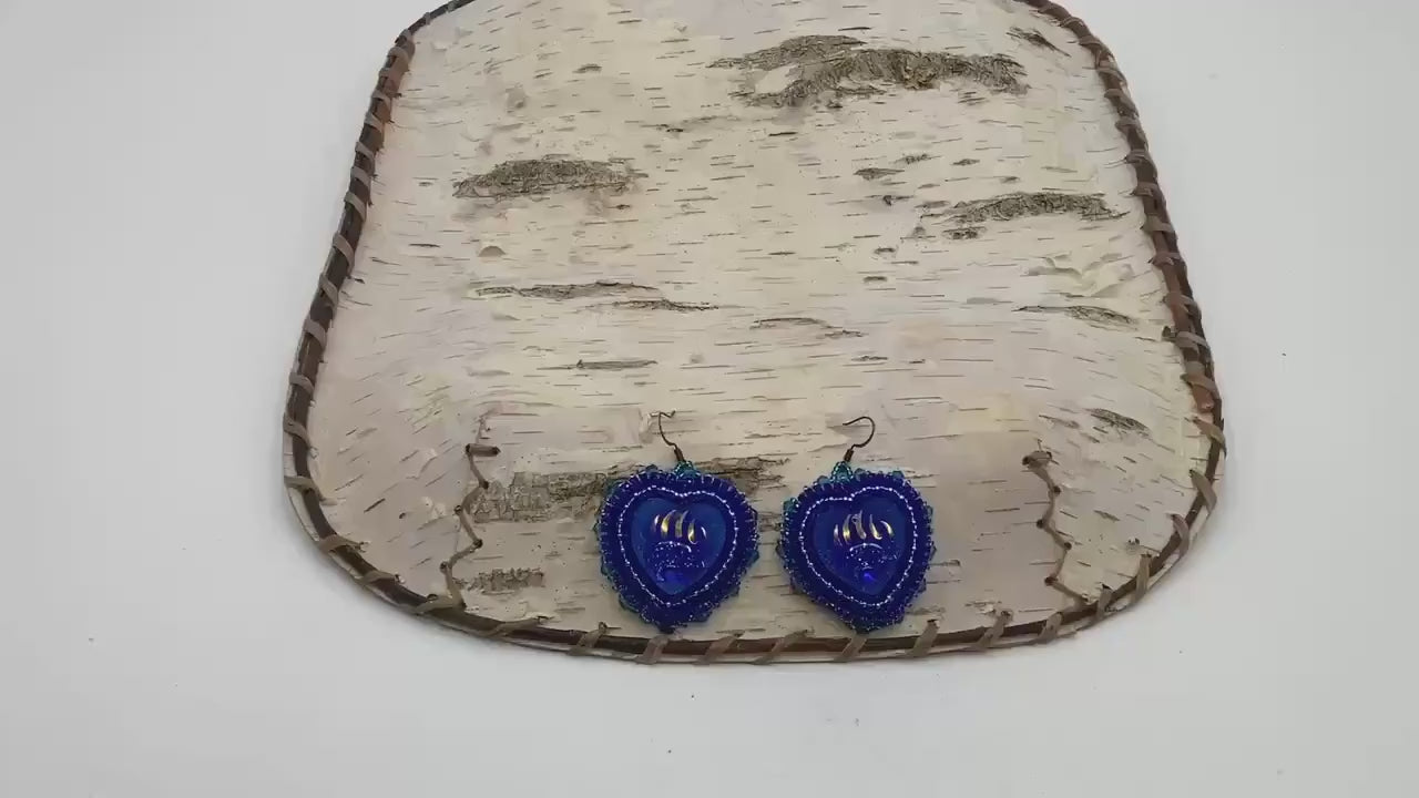 Blasting Blue Hand Beaded Heart Earrings - Anishinaabe/Ojibwe Beadwork