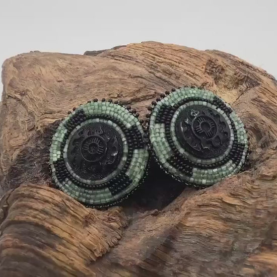 Hand Beaded Indigenous Turtle Center Earrings - Anishinaabe/Ojibwe Beadwork