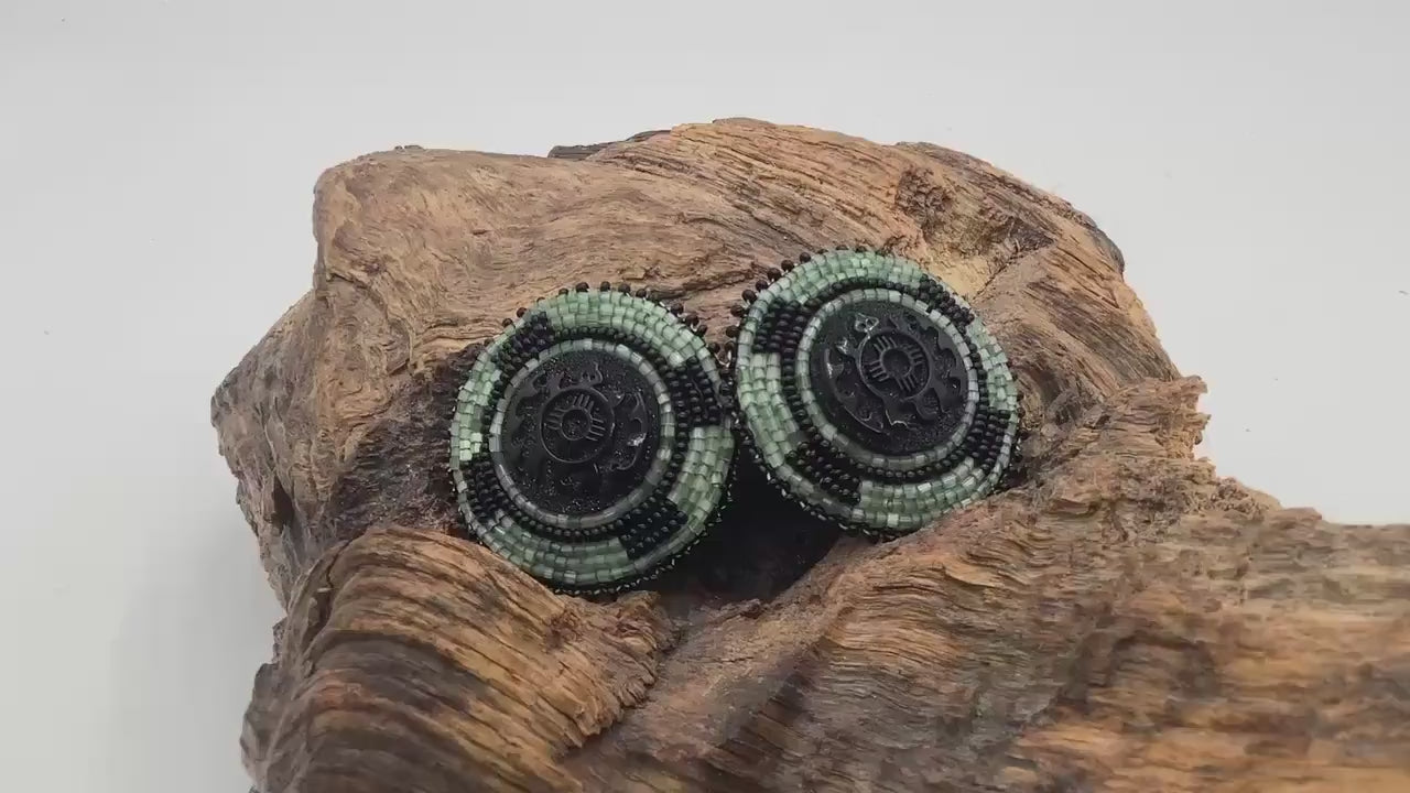 Hand Beaded Indigenous Turtle Center Earrings - Anishinaabe/Ojibwe Beadwork