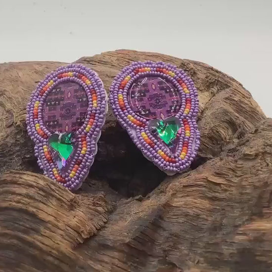 Hand Beaded Double-Centered Purple Earrings: Anishinaabe/Ojibwe Beadwork