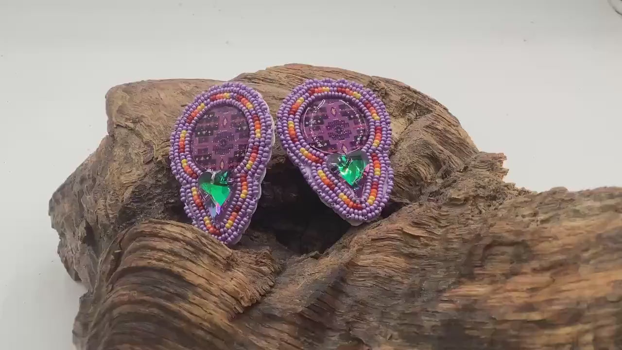 Hand Beaded Double-Centered Purple Earrings: Anishinaabe/Ojibwe Beadwork