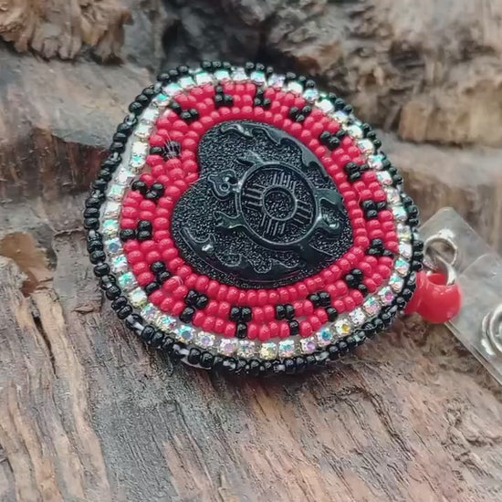 Hand Beaded Turtle Heart Badge: Ojibwe Anishinaabe Beadwork