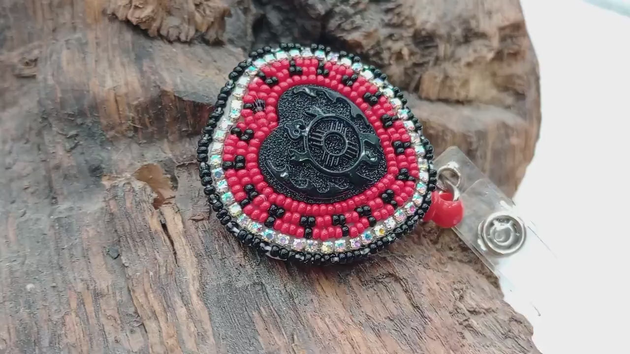 Hand Beaded Turtle Heart Badge: Ojibwe Anishinaabe Beadwork