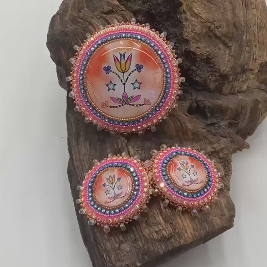 Hand Beaded Indigenous Floral Barrette & Earrings Jewelry Set — Anishinaabe/Ojibwe Beadwork