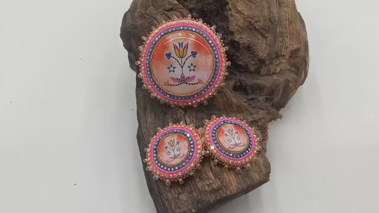 Hand Beaded Indigenous Floral Barrette & Earrings Jewelry Set — Anishinaabe/Ojibwe Beadwork