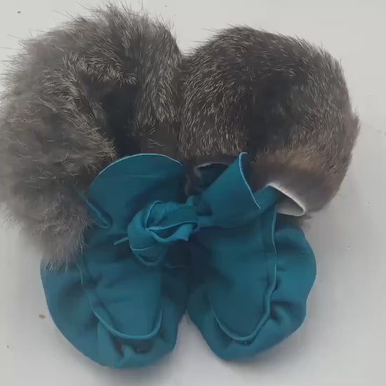 Handmade  Baby Leather Blue Moccasins – Ojibwe Anishinaabe Pucker Toe Style
