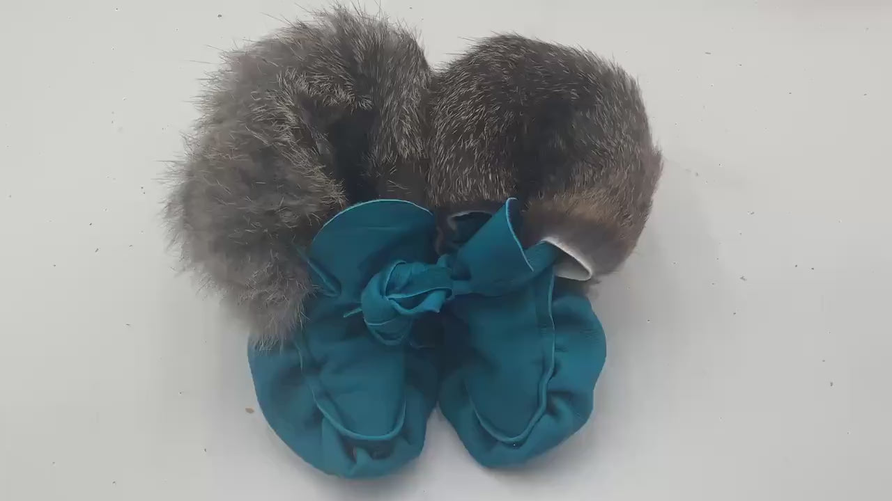 Handmade  Baby Leather Blue Moccasins – Ojibwe Anishinaabe Pucker Toe Style