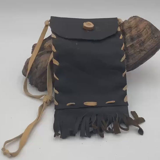 Hand Made Black Leather Bag - Authentic Anishinaabe/Ojibwe Made - Free Shipping