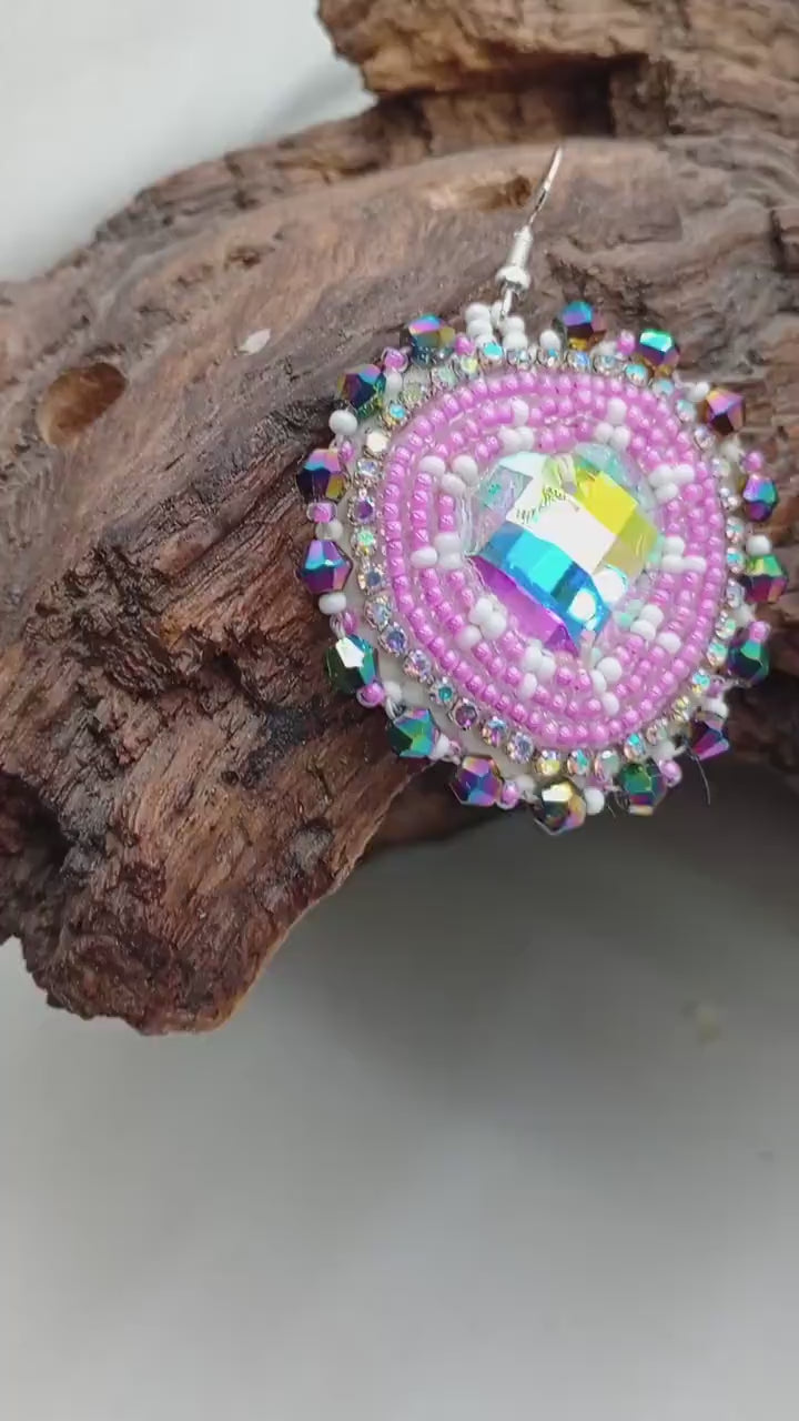 Hand Beaded Earrings: Purple and White Heart, Ojibwe Anishinaabe Design