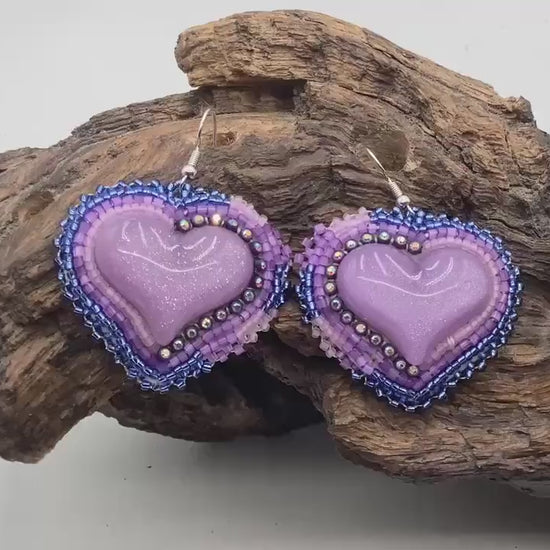 Shimmering Iridescent Purple Heart Shaped Hand Beaded Earrings - Anishinaabe/Ojibwe Beadwork