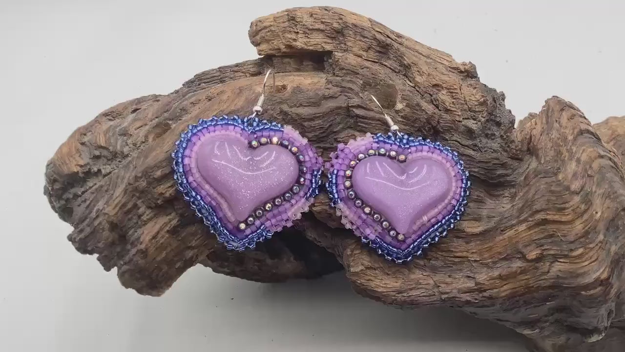 Shimmering Iridescent Purple Heart Shaped Hand Beaded Earrings - Anishinaabe/Ojibwe Beadwork