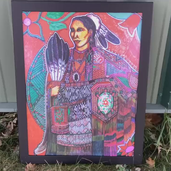 Ojibwe Woman in Regalia Framed Canvas Print by David Edwards (20 3/4 x 27)