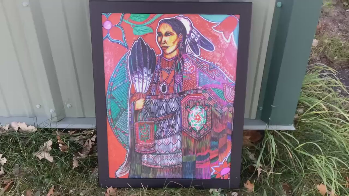 Ojibwe Woman in Regalia Framed Canvas Print by David Edwards (20 3/4 x 27)
