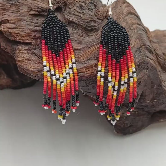 Hand Beaded Fire Color Fringe Earrings - Authentic Anishinaabe/Ojibwe Beadwork -
