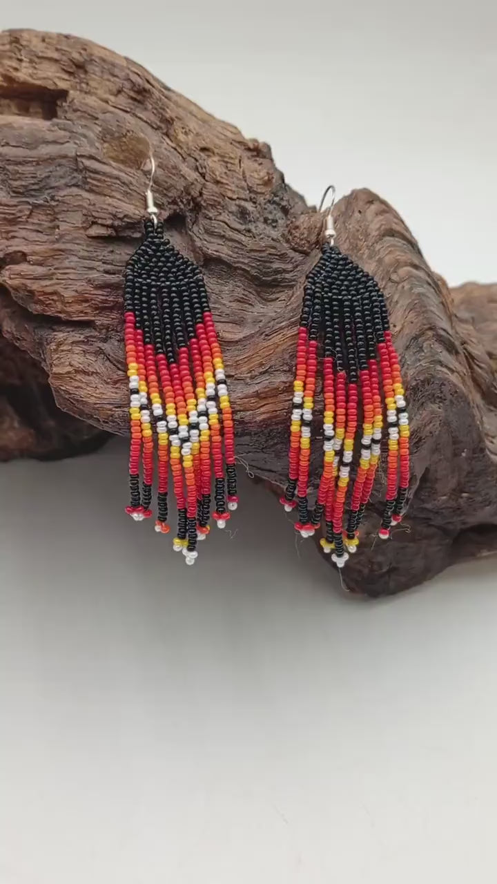 Hand Beaded Fire Color Fringe Earrings - Authentic Anishinaabe/Ojibwe Beadwork -