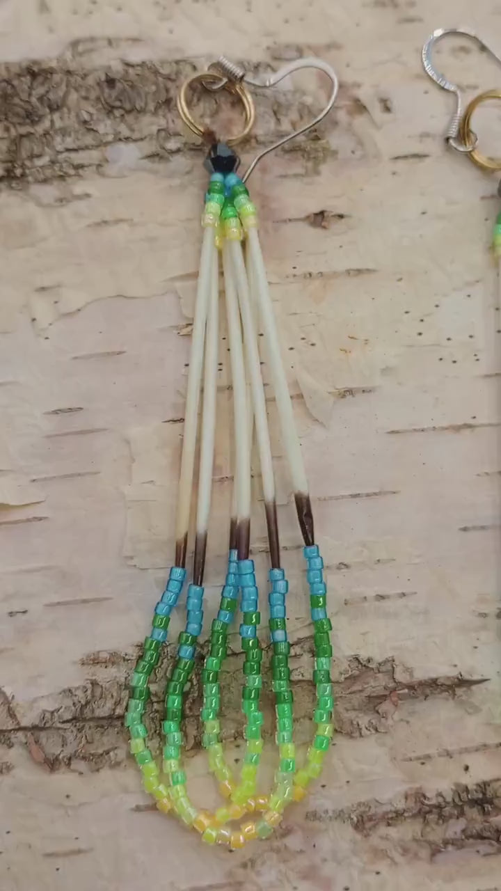 Porcupine quilled dangle earrings/Handmade-Ojibwe
