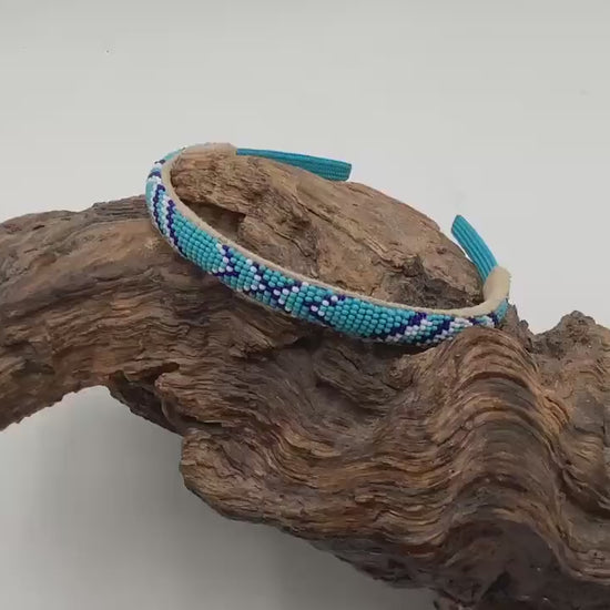 Blue Hand Beaded Headband: Anishinaabe/Ojibwe Beadwork