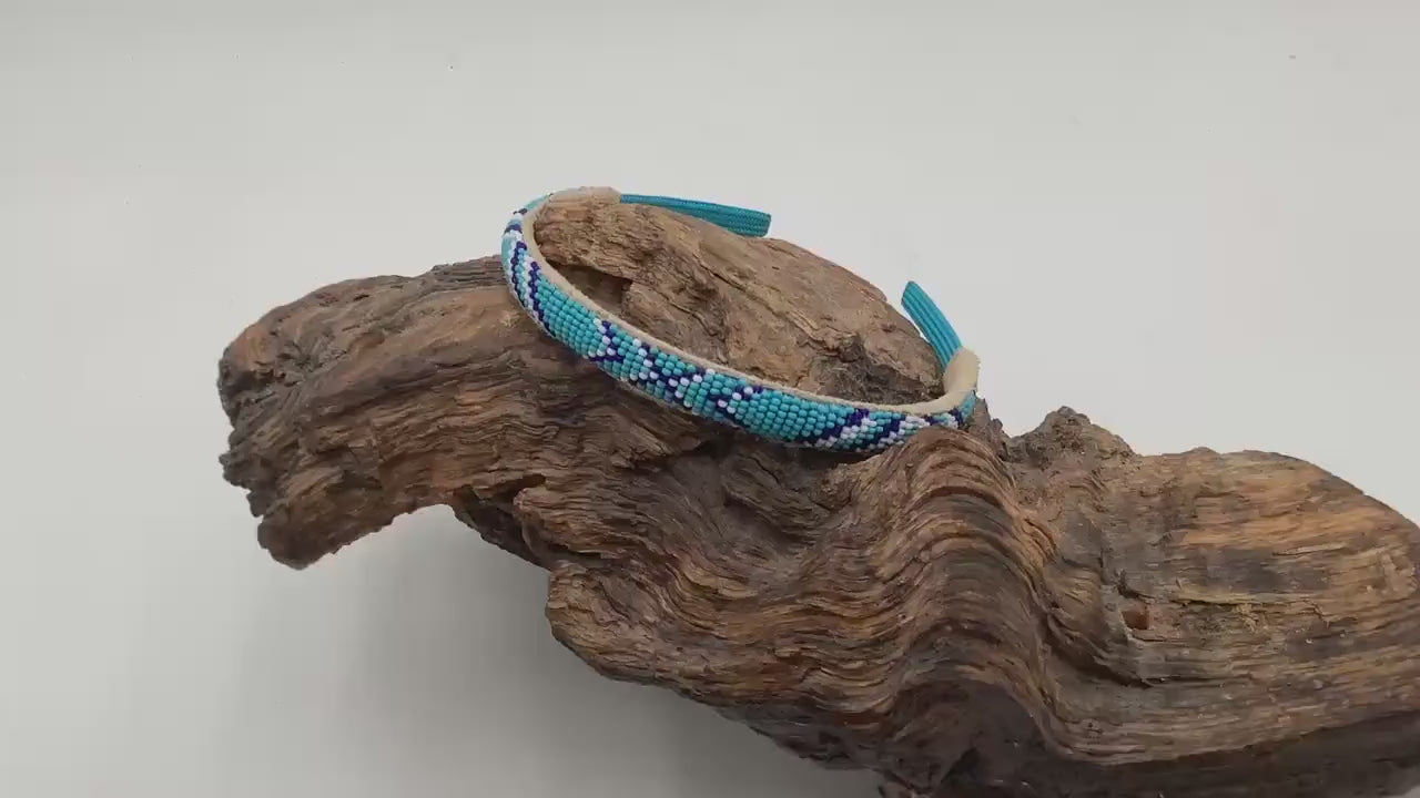 Blue Hand Beaded Headband: Anishinaabe/Ojibwe Beadwork