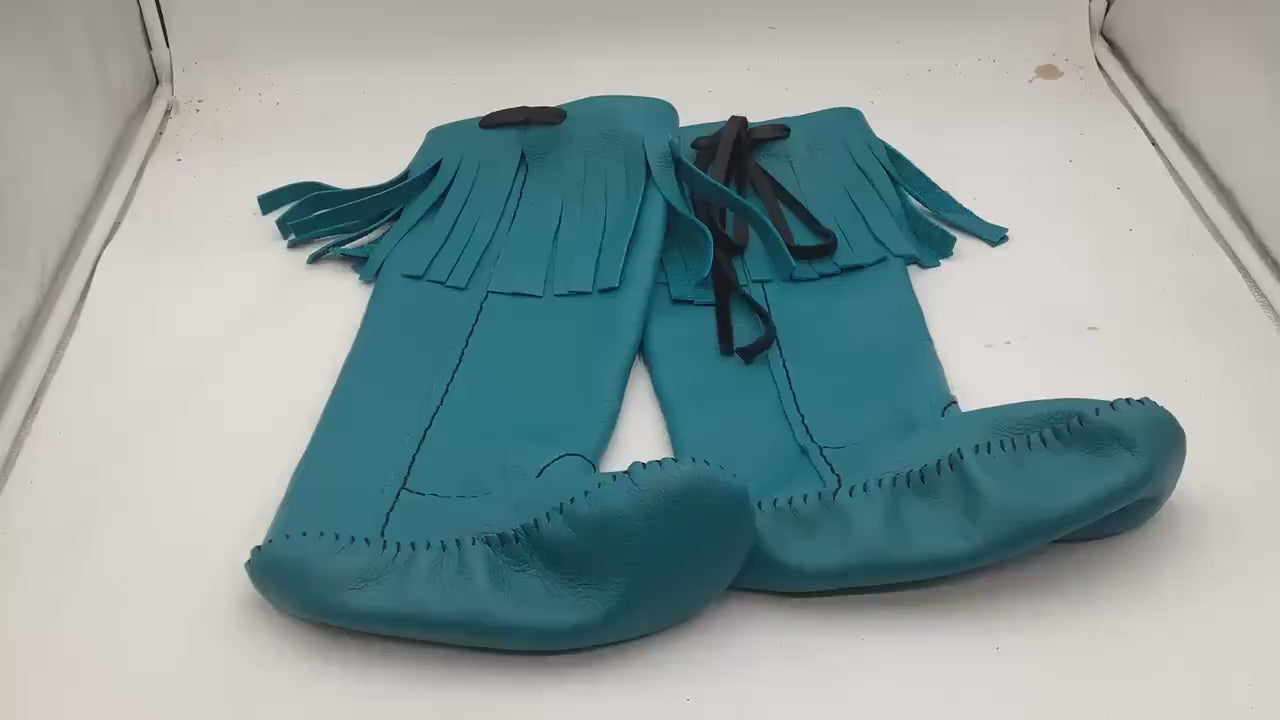 Anishinaabe Ojibwe Handmade Blue Leather Moccasin Boots –