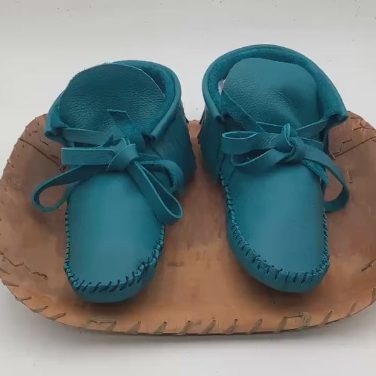 Handmade Blue Leather Moccasins – Anishinaabe/Ojibwe Artisan. Size: XL