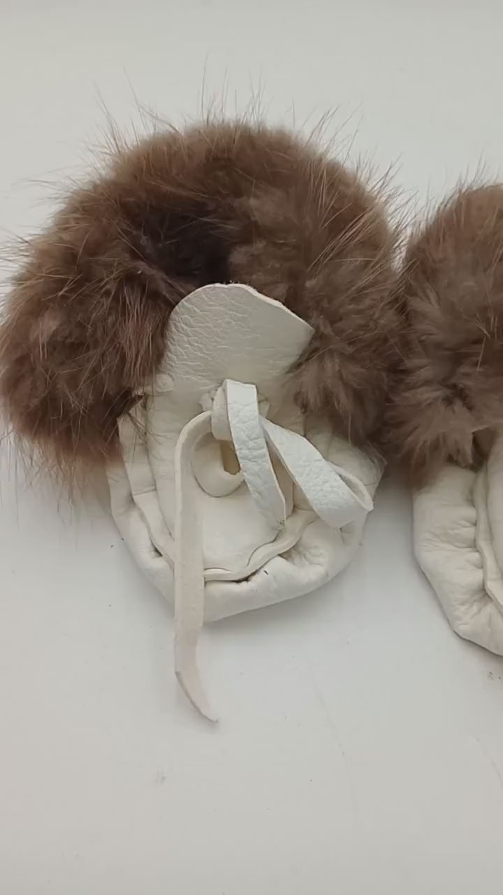 Handmade Leather & Beaver Fur Baby Moccasins: Ojibwe Pucker Toe Design