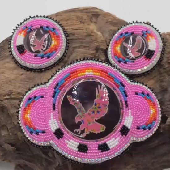 Hand Beaded Pink Migizi Barrette and Earring Set: Anishinaabe Ojibwe Craft